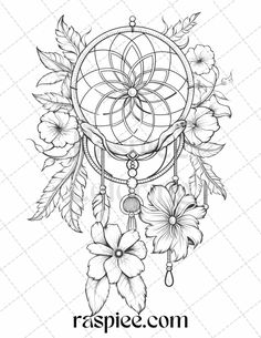 a drawing of a dream catcher with flowers and leaves