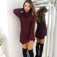 Sexy Turtle Neck Long Sweater Dress Long Sleeve High Neck Dress, Oversized Sweater Dress, Cozy Sweater Dress, Woolen Dresses, Fall Attire, Sweater Dress Outfit, Long Sweater Dress, Mode Casual, Womens Turtleneck