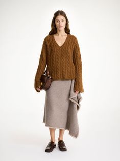 Cimone cable-knit sweater - Buy Knitwear online | By Malene Birger Oversized Cozy Cable Knit V-neck Sweater, Elegant Oversized Cable Knit Sweater, Wool V-neck Chunky Knit Sweater, Elegant Cable Knit V-neck Sweater For Fall, Fall Mohair Cable Knit Sweater, Buy Sweaters, Athleisure Wear, Malene Birger, By Malene Birger