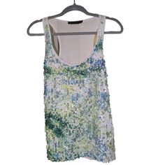 The Limited Women's Green, Blue, White Sequins Tank Top Size: M Condition: New With Tags (No Damage Or Flaws), From A Smoke-Free And Pet-Free Home Environment Features/Accents: Sequins Materials: 100% Polyester (Front), 100% Viscose Rayon (Back) Approx. Measurements Laying Flat: Length: 28.5" Bust/Chest: 17" Disclaimer: The Item Color May Vary Slightly Due To Lighting, But I Tried My Best To Make Sure The Photos Are As True To Color As Possible. Reasonable Offers Are Welcome! Items Shipped Withi Summer Tank Top With Contrast Sequin, Green Sequined Tops For Spring, Casual Sequined Tank Top For Party, Fitted Glitter Tops For Summer, Spring Glitter Sleeveless Top, Spring White Sequined Tank Top, White Sequined Tank Top For Spring, Sleeveless Glitter Tops For Spring, Spring Glitter Tops