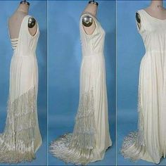 C. 1930's Ivory Crepe Gown With Extraordinary Fringed Trained Back! Larger Size! Description The Gown Is An Ivory Crepe, Plain In Front And Fringed Only In The Lower Trained Back. I Love The Low "V" Back With The Strips Across. Imagine This Dress With A Broach At The Shoulders To Add Some Bling Or Several Strands Of Pearls Hanging Down The Front. Perfect For A Late 1920searly 1930s Wedding, It Has So Many Possibilities! Approximate Measurements/Sizing/Label Brand ~ Unknown Size On Label ~ N/A Ap Vintage Wedding Gown With Bias Cut, Cream Dresses With Bias Cut For Vintage Events, Vintage Cream Bias Cut Dress, Vintage White Bias-cut Dress, Vintage White Bias Cut Dress, 1930s Wedding Dress, Antique Wedding Dresses, 1930 Fashion, 1930's Fashion