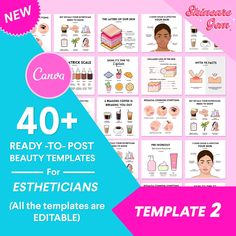 a poster with the words, 40 + beauty templates for estheticians all the templates are editable