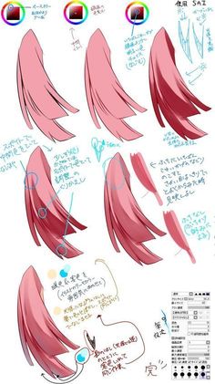 an anime character's hair is shown in different stages of development, including the tail and