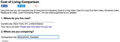 a screen shot of a website page with the words cost of living comparison on it