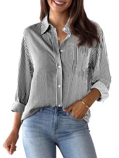 PRICES MAY VARY. US SIZE: S=(US 4-6), M=(US 8-10), L=(US 12-14), XL=(US 16-18), 2XL=(US 20-22). We use American standard size. Please rest assured to purchase. Features: Button down shirt for women, Woman Button up, Cotton Striped dress shirt, Long sleeves, Solid dressy top, V neck collared tunics, Shirts for work formal business. This Stripe Blouses for women fashion can be rolled up for a cool laid back style. This Casual Long Sleeve Button Down Shirts Tops make you look more chic, stylish and Coastal Girl, Winter Blouses, Casual Coastal, Casual Shirt Women, Women's Button Down Shirt, Casual Long Sleeve Shirts, Basic Shirts, Striped Cardigan, Women Shirts Blouse