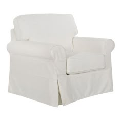 a white chair with a skirted arm and foot rest on it's back