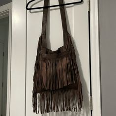 Great Looking ! Zip Inside Comoartment Soft Leather Trendy Brown Hobo Bag With Fringe, Brown Fringe Satchel Bag, Brown Fringe Bag For Daily Use, Brown Fringe Bag For Everyday Use, Bohemian Leather Shoulder Bag For Errands, Brown Fringe Bags For Daily Use, Brown Satchel With Fringe, Daily Use Brown Fringe Bag, Brown Satchel Bag With Fringe