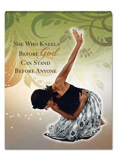 a woman is doing yoga on the cover of her book, she who kneels before god can stand before anyone