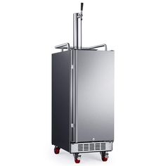 a stainless steel refrigerator on wheels is shown with the door open and handle extended to it's left side