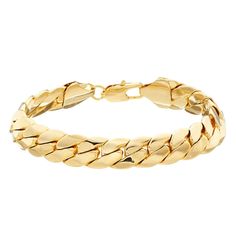 "Sleek and stylish, this 14k gold plated Cuban chain bracelet completes your handsome look. Length: 8.5 in. Width: 11 mm Clasp: lobster-claw Packaging: boxed Metal: brass Plating: 14k gold plated Finish: polished Gift Givers: This item ships in its original packaging. If intended as a gift, the packaging may reveal the contents. Size: 8.5"". Color: Yellow. Gender: male. Age Group: adult." Classic Cuban Link Gold Bracelet, Formal Metal Cuban Link Bracelet, Classic Formal Metal Cuban Link Bracelet, Gold Bracelet With Figaro Chain, Cuban Link Box Chain Bracelet For Formal, Classic Gold Plated Curb Chain Bracelet, Classic Gold Plated Chain Bracelet With Curb Chain, Classic Gold-plated Curb Chain Bracelet, Formal Gold Charm Bracelet With Solid Link