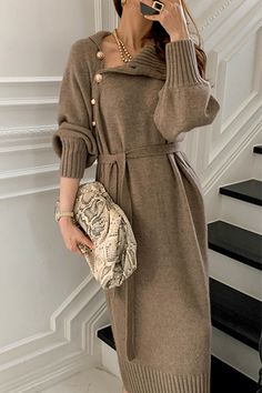 Loose Knitwear, Long Sleeve Turtleneck Dress, Pullover Mode, Elegant Sweater, Long Knitted Dress, Winter Pullover, Retro Mode, Long Midi Dress, Khaki Dress