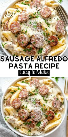 sausage alfredo pasta in a white bowl with parmesan cheese