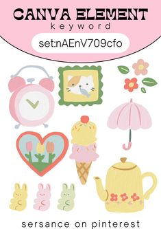 an image of a bunch of stickers on a white background with text that reads, canva element keyword setanen / v0909gocto