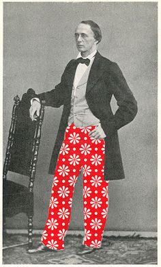 an image of a man wearing red and white pants with flowers on them, standing in front of a chair