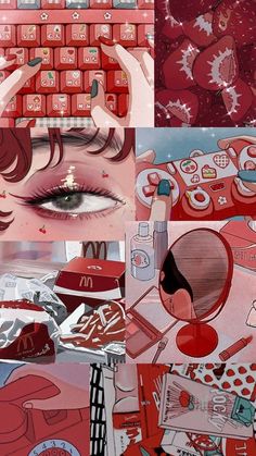 a collage of different images with red and pink colors, including an image of a woman's face