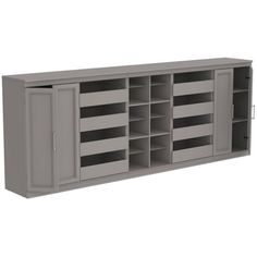 a large gray cabinet with many compartments and doors on the front, open to reveal shelves