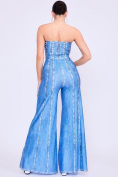 Description Denim print strapless bustier style jumpsuit It has V-shaped wire and bone Metal zipper closure center of the back Super wide leg Detail 89% Polyester / 11% Spandex IMPORTED Size & Fit Model is 5'7" and wearing size Small Fitted High-rise Strapless Jumpsuit For Summer, High Rise Strapless Jumpsuit For Summer, Summer Strapless Denim Jumpsuit, Strapless Denim Jumpsuit For Summer, Stretch Strapless Wide Leg Jumpsuit, Fitted Strapless Jumpsuit For Spring, Spring Strapless Fitted Jumpsuits And Rompers, Chic High Rise Strapless Jumpsuit For Summer, Chic Strapless High Rise Jumpsuit For Summer