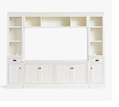 a white entertainment center with two doors and three cupboards on the bottom, one door open