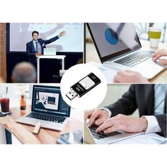 four different pictures show people using laptops and cell phones, one with a flash drive attached to the screen