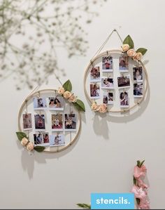 there are two pictures hanging on the wall with flowers in front of them and one is decorated with photos