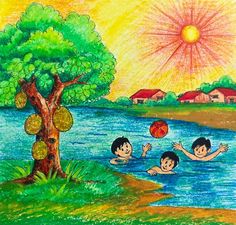 Drawing and coloring for kids Drawing On Summer Season, 6 Seasons Painting, Drawing Of Summer Season, Summer Oil Pastel Drawing, Summer Drawings Easy For Kids, Summer Scenery Drawing, Beautiful Nature Drawings, Summer Season Drawing For Kids, Summer Season Painting