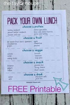 a printable lunch menu is shown on a wooden table with the text, pack your own lunch