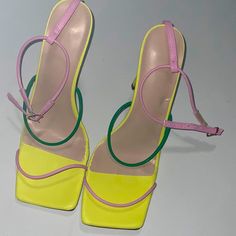 Fashionova Women’s Heels Size 10. Yellow Pink And Green. They Have Only Been Tried On Never Worn Green Heels With Contrasting Heel Counter For Spring, Spring Green Heels With Contrasting Heel Counter, Yellow Pointed Toe Sandals For Spring, Spring Yellow Pointed Toe Sandals, Yellow Pointed Toe Sandals With Padded Heel, Yellow Sandals With Padded Heel And Pointed Toe, Yellow Heels With 4-inch Heel For Spring, Spring Yellow Heels With 4-inch Heel, Yellow Heels With Heel Strap For Summer