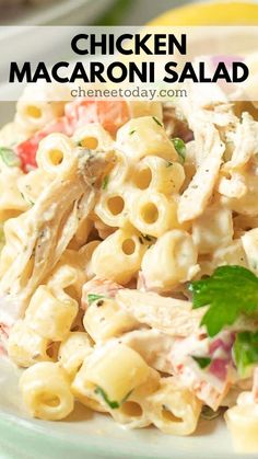 chicken macaroni salad on a white plate with text overlay that reads chicken macaroni salad