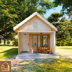 the small house is made out of wood and has an open front porch with chairs on it