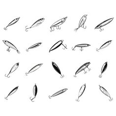 a bunch of different types of fishing lures on a white background with clipping