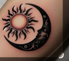 a sun and moon tattoo on the side of a woman's thigh, with black ink