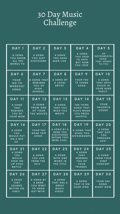 the 30 day music challenge is shown in green and white, with words on it