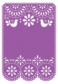 a purple doily with white flowers and birds on the border is cut out from paper