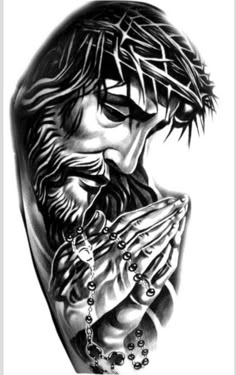 a black and white drawing of jesus holding his hands together with rosary beads around his neck