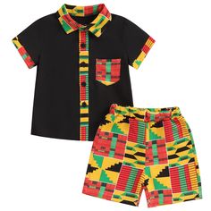 Green Short Sleeve Sets With Buttons, Short Sleeve Sets With Buttons For Vacation, Black Patchwork Sets For Summer, Boys African Outfits, Boys Ankara Outfits, African Dance Outfits, Short And Shirt Outfit, Boys Clothing Styles, Ankara Top Styles