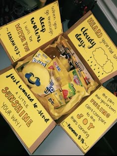 a box filled with bananas and other snacks