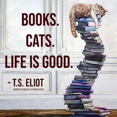 a cat sitting on top of a stack of books with the words books cats life is good