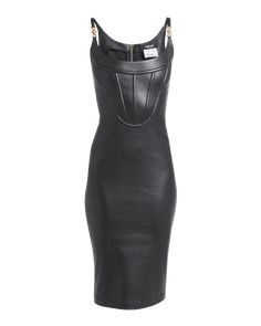 Versace stretch-leather midi dress featuring a corset-style bodice and gold-tone hardware Scoop neckline Sleeveless Bodycon fit Hem hits around the knee Exposed two-way back zip  Leather Made in Italy Hat Jewelry, Black Leather Dress, Leather Midi Dress, Black Leather Dresses, Donatella Versace, Bodycon Midi Dress, Bodycon Midi, Corset Style, Gianni Versace