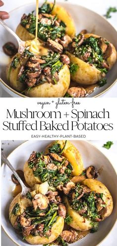 mushrooms and spinach stuffed baked potatoes in a white bowl