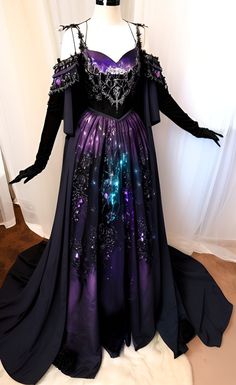 Firefly Path Dresses Purple, Galaxy Dress Formal Purple, Galaxy Fantasy Outfit, Galaxy Clothes Aesthetic, Galaxy Dress Gowns, Fantasy Clothing Purple, Galaxy Inspired Dress, Acotar Outfits Casual, Galaxy Theme Dress