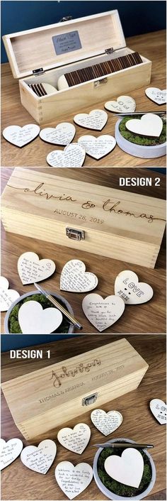 two wooden boxes filled with hearts on top of a table