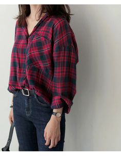 Size Chart Plaid Shirt Women, Clothes Korean Style, Vintage Flannel, Girls Blouse, Women Blouses, Loose Shirts, Plaid Fashion, Casual Tops For Women, Spring Shirts