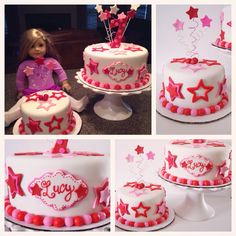 a collage of photos showing different types of birthday cakes with stars and hearts on them