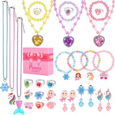 the princess jewelry set includes bracelets, rings and necklaces with charms on them