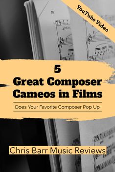 an open book with music notes on it and the title 5 great composer games in films