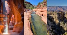 four different views of the grand canyons, including water and people standing at the edge