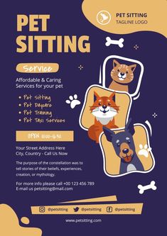 a flyer for pet sitting with dogs and cats