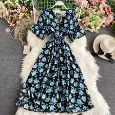 Casual Floral V-neck Dress, Trendy Blue Floral Print Dress, Casual V-neck Floral Print Dress For Brunch, V-neck Chiffon Floral Dress For Brunch, Chiffon V-neck Floral Dress For Brunch, Casual Chiffon V-neck Dress, Casual V-neck Chiffon Dress, V-neck Chiffon Floral Dress For Spring, Casual Floral Print V-neck Dress For Brunch