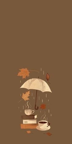 coffee and an umbrella are sitting on top of books with autumn leaves falling from them