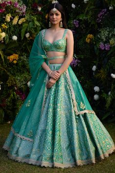 Designer Clothing for Women - Buy Latest Designer Clothing Collection Online 2024 Raw Silk Lehenga, Mehendi Outfits, Green Lehenga